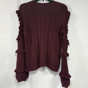 Ruffle Cold Shoulder Express Burgundy Cotton Blend Cable Knit Sweater Small